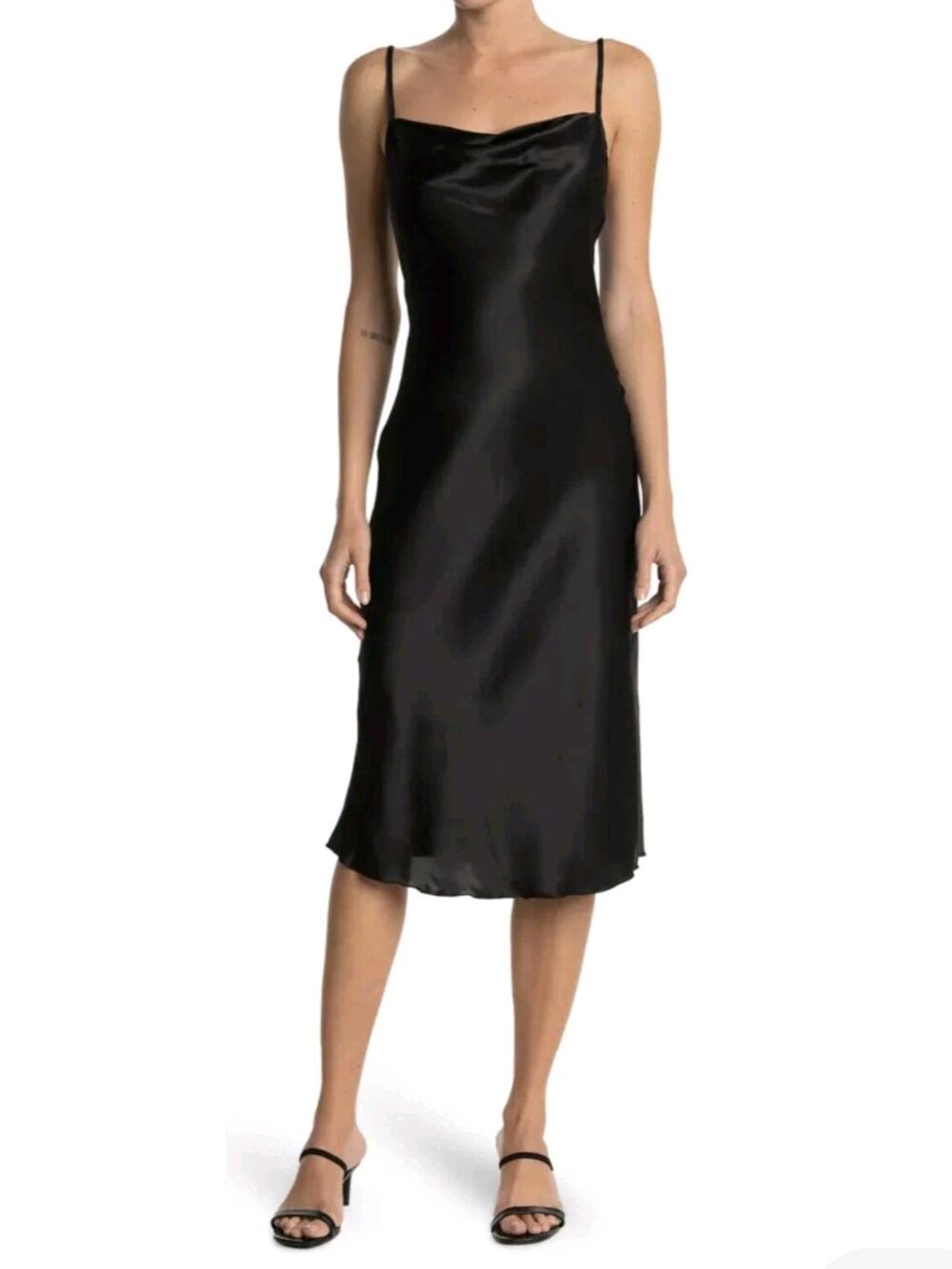 bebe Black Satin Cowl Neck Spaghetti Strap Slip Midi Dress Size Medium